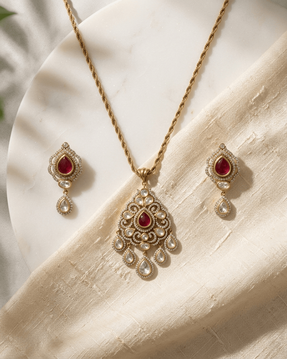 Mataari Pendant Emerald Gold Plated Ruby Polki Kundan Moissanite Pear Shaped Pendant Set