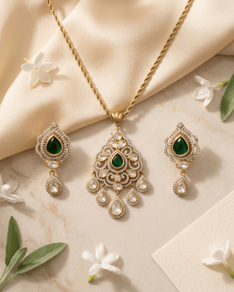 Mataari Pendant Emerald Gold Plated Ruby Polki Kundan Moissanite Pear Shaped Pendant Set