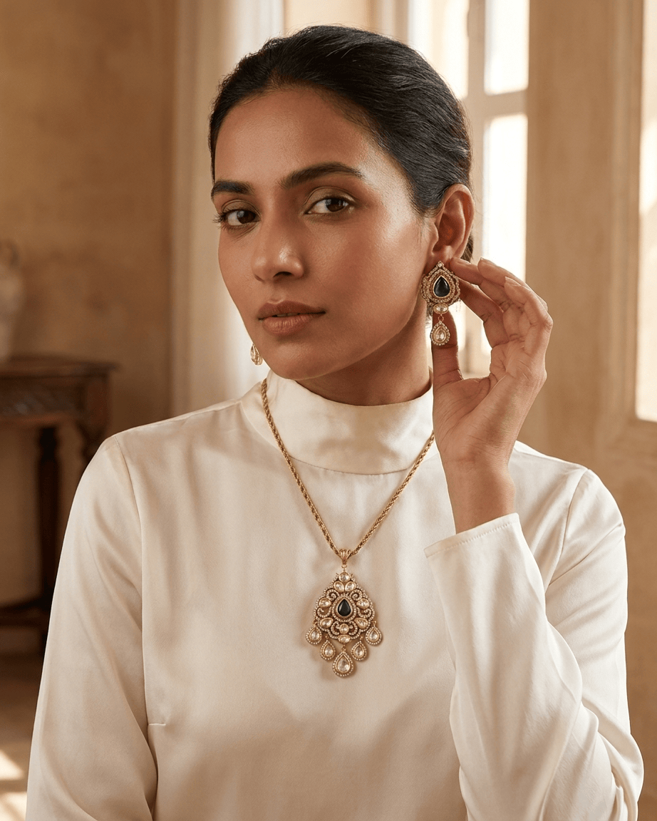 Mataari Pendant Emerald Gold Plated Ruby Polki Kundan Moissanite Pear Shaped Pendant Set
