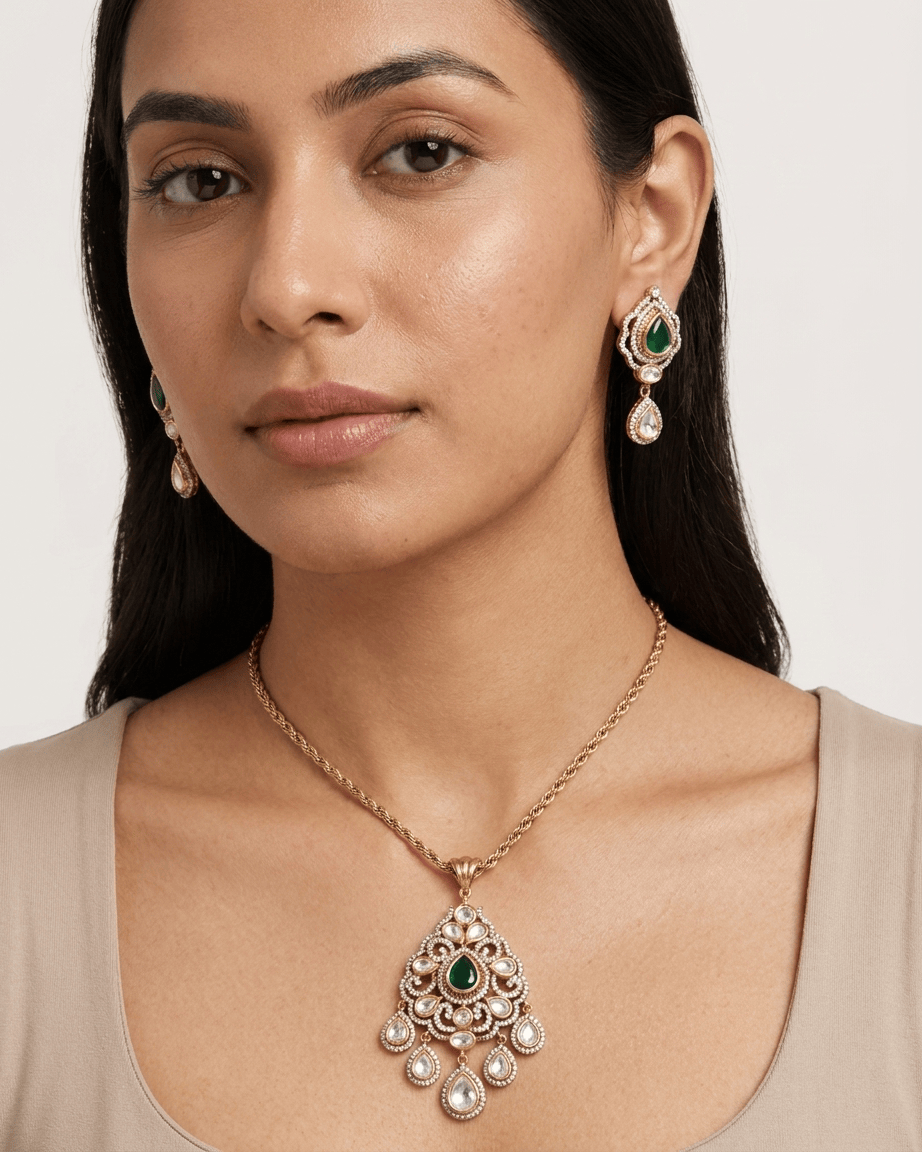 Mataari Pendant Emerald Gold Plated Ruby Polki Kundan Moissanite Pear Shaped Pendant Set
