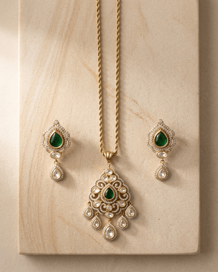 Mataari Pendant Emerald Gold Plated Ruby Polki Kundan Moissanite Pear Shaped Pendant Set