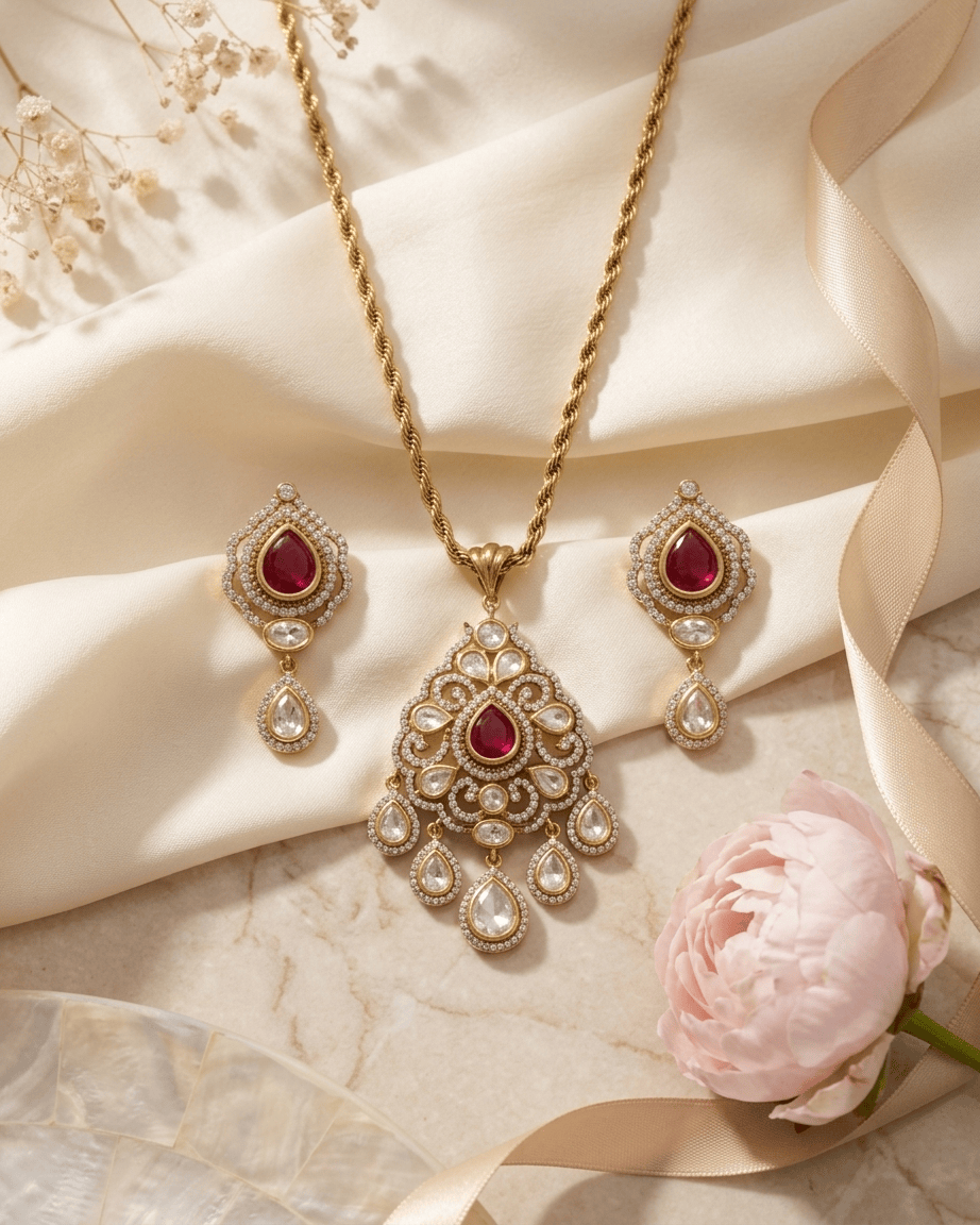 Mataari Pendant Emerald Gold Plated Ruby Polki Kundan Moissanite Pear Shaped Pendant Set