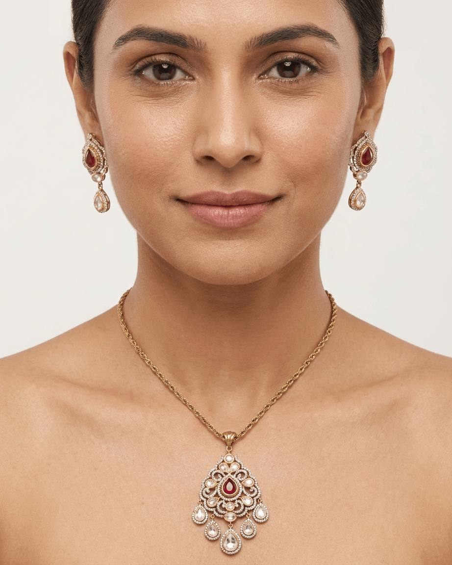 Mataari Pendant Emerald Gold Plated Ruby Polki Kundan Moissanite Pear Shaped Pendant Set