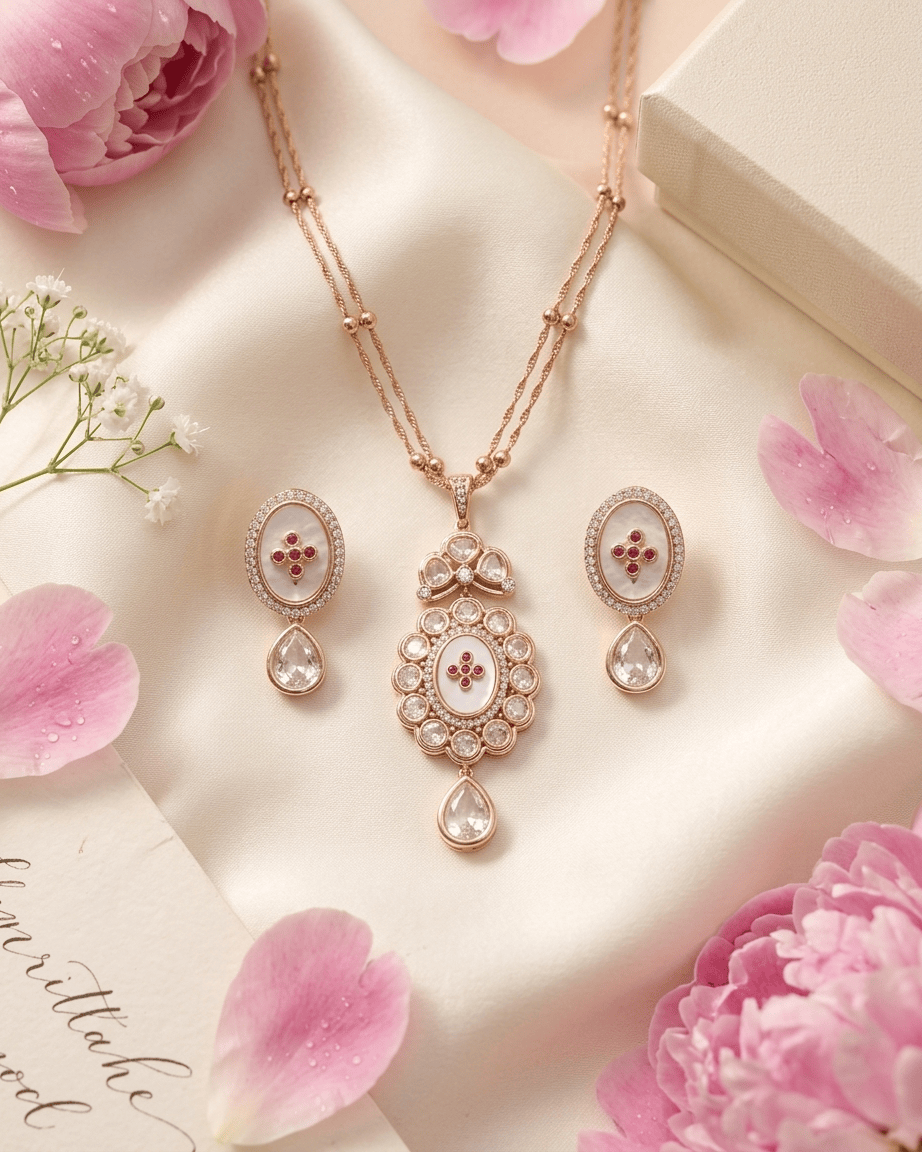 Mataari Pendant Enamel Gold Plated Kundan Ruby Polki Moissanite Pendant Set