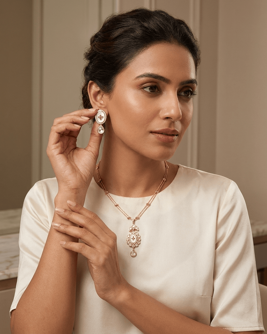 Mataari Pendant Enamel Gold Plated Kundan Ruby Polki Moissanite Pendant Set