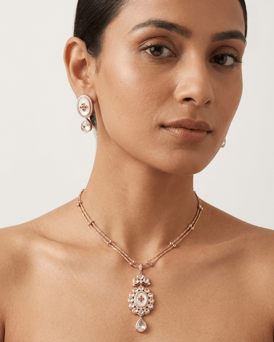 Mataari Pendant Enamel Gold Plated Kundan Ruby Polki Moissanite Pendant Set