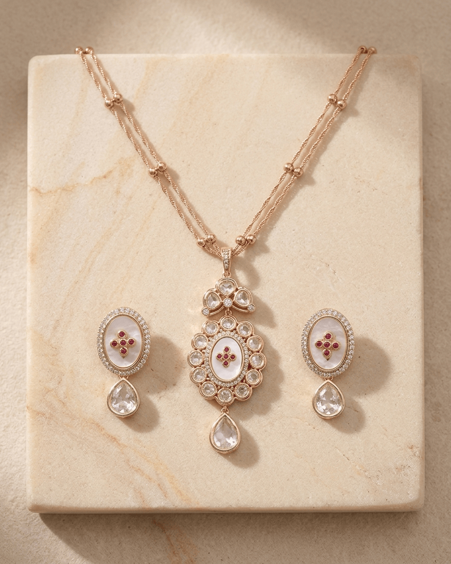 Mataari Pendant Enamel Gold Plated Kundan Ruby Polki Moissanite Pendant Set