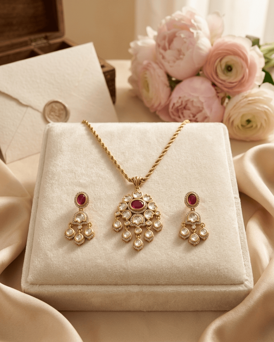 Mataari Pendant Flower Ruby Gold Plated Emerald Polki Kundan Moissanite Pendant Set