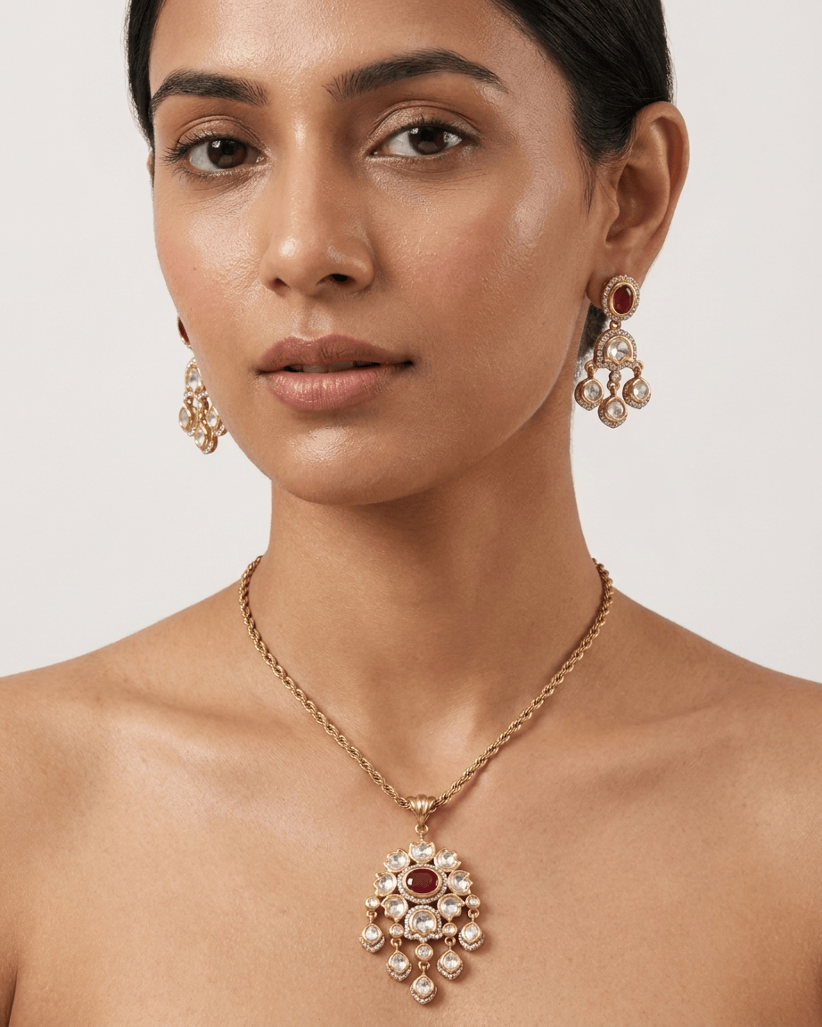 Mataari Pendant Flower Ruby Gold Plated Emerald Polki Kundan Moissanite Pendant Set
