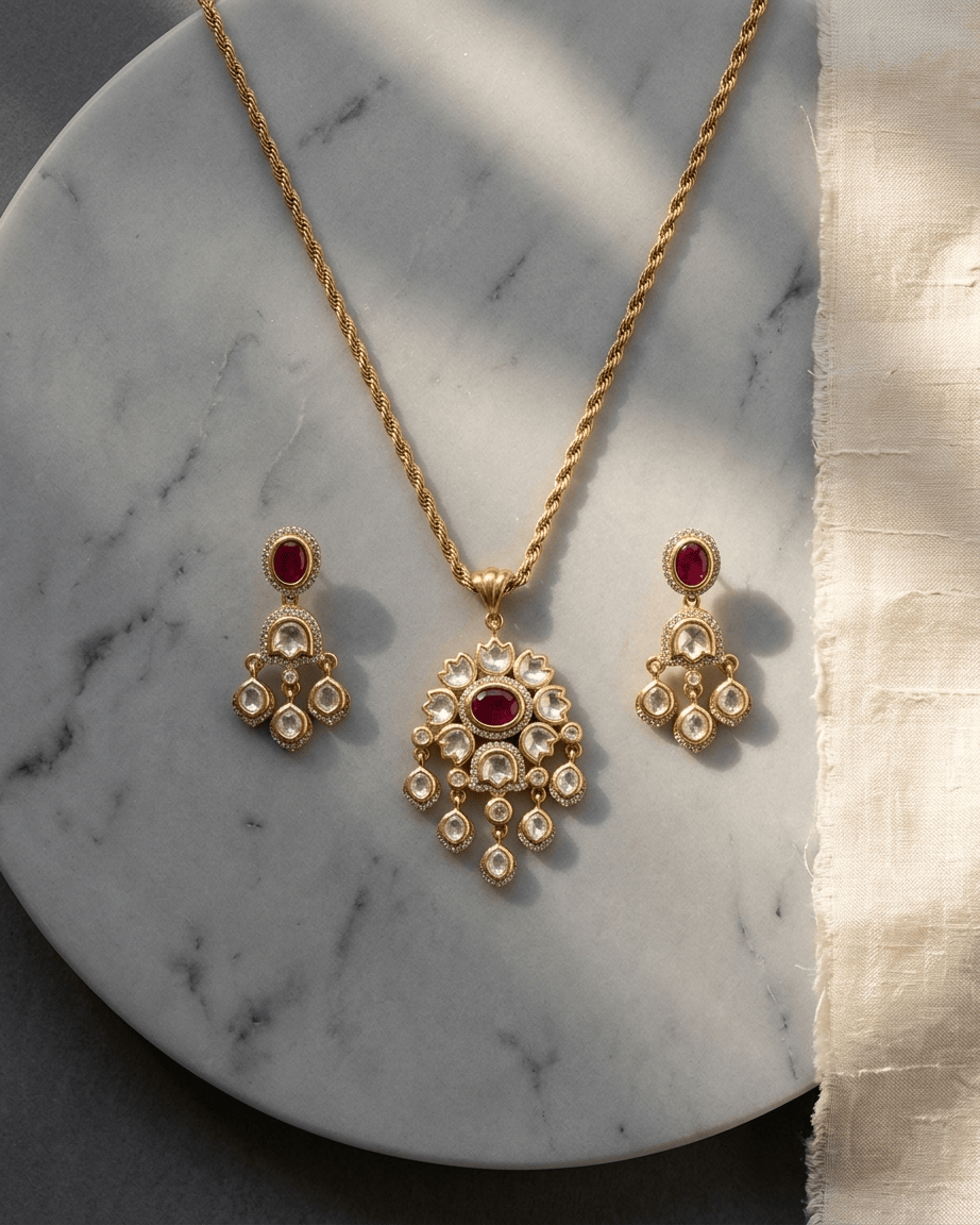 Mataari Pendant Flower Ruby Gold Plated Emerald Polki Kundan Moissanite Pendant Set