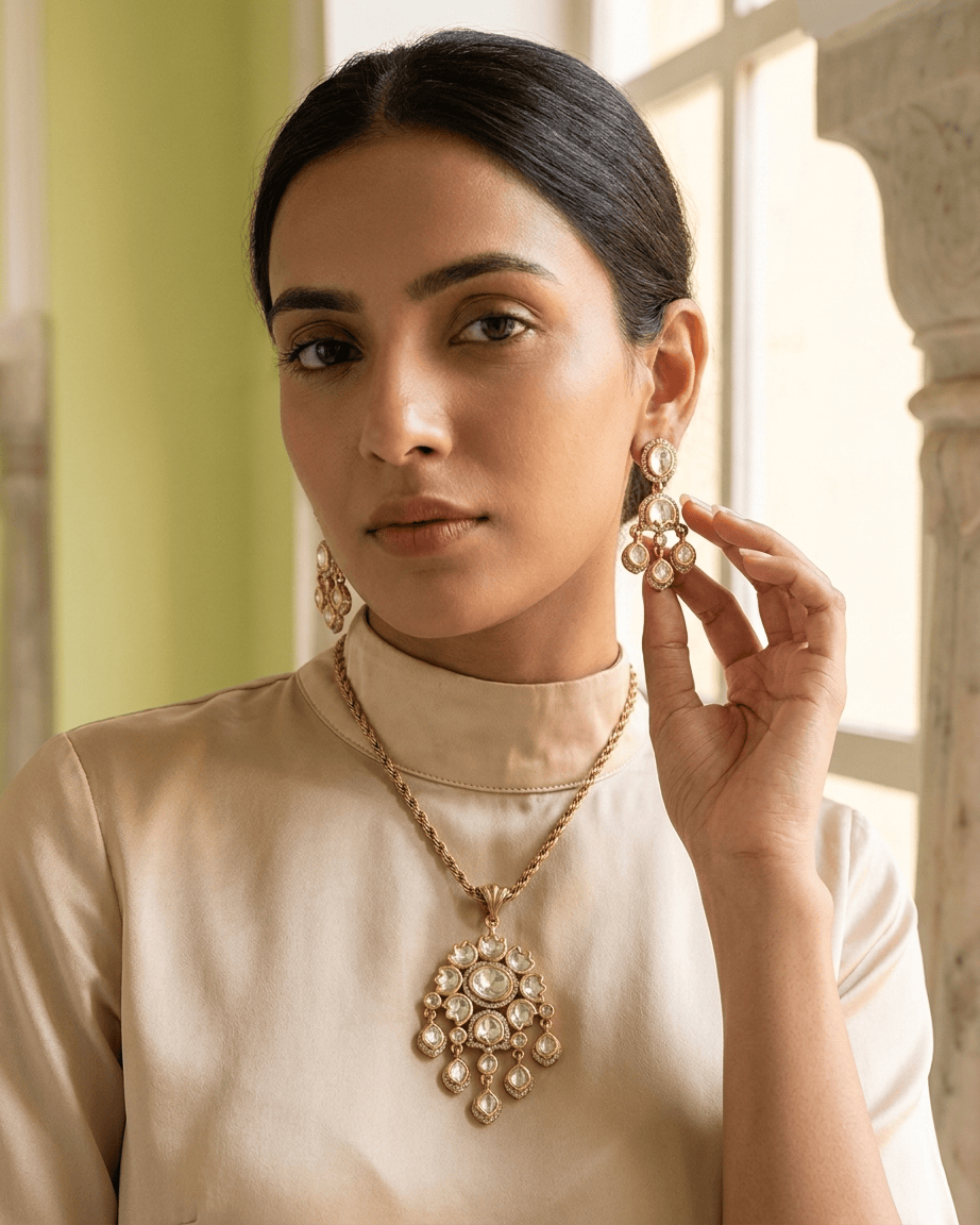 Mataari Pendant Flower Ruby Gold Plated Emerald Polki Kundan Moissanite Pendant Set