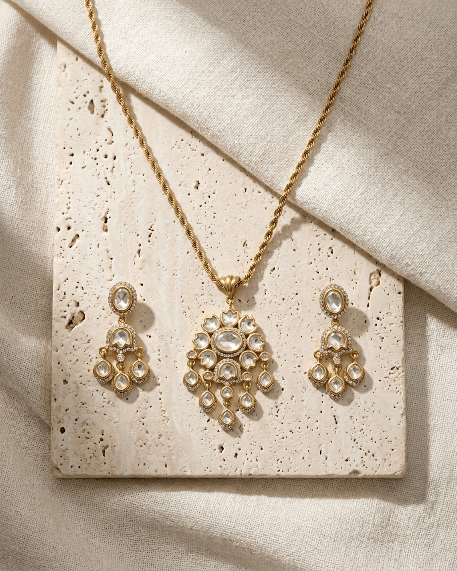 Mataari Pendant Flower Ruby Gold Plated Emerald Polki Kundan Moissanite Pendant Set