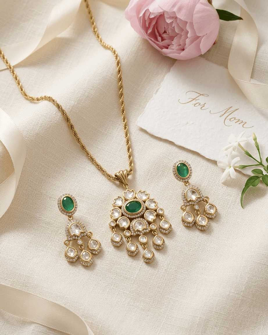 Mataari Pendant Flower Ruby Gold Plated Emerald Polki Kundan Moissanite Pendant Set