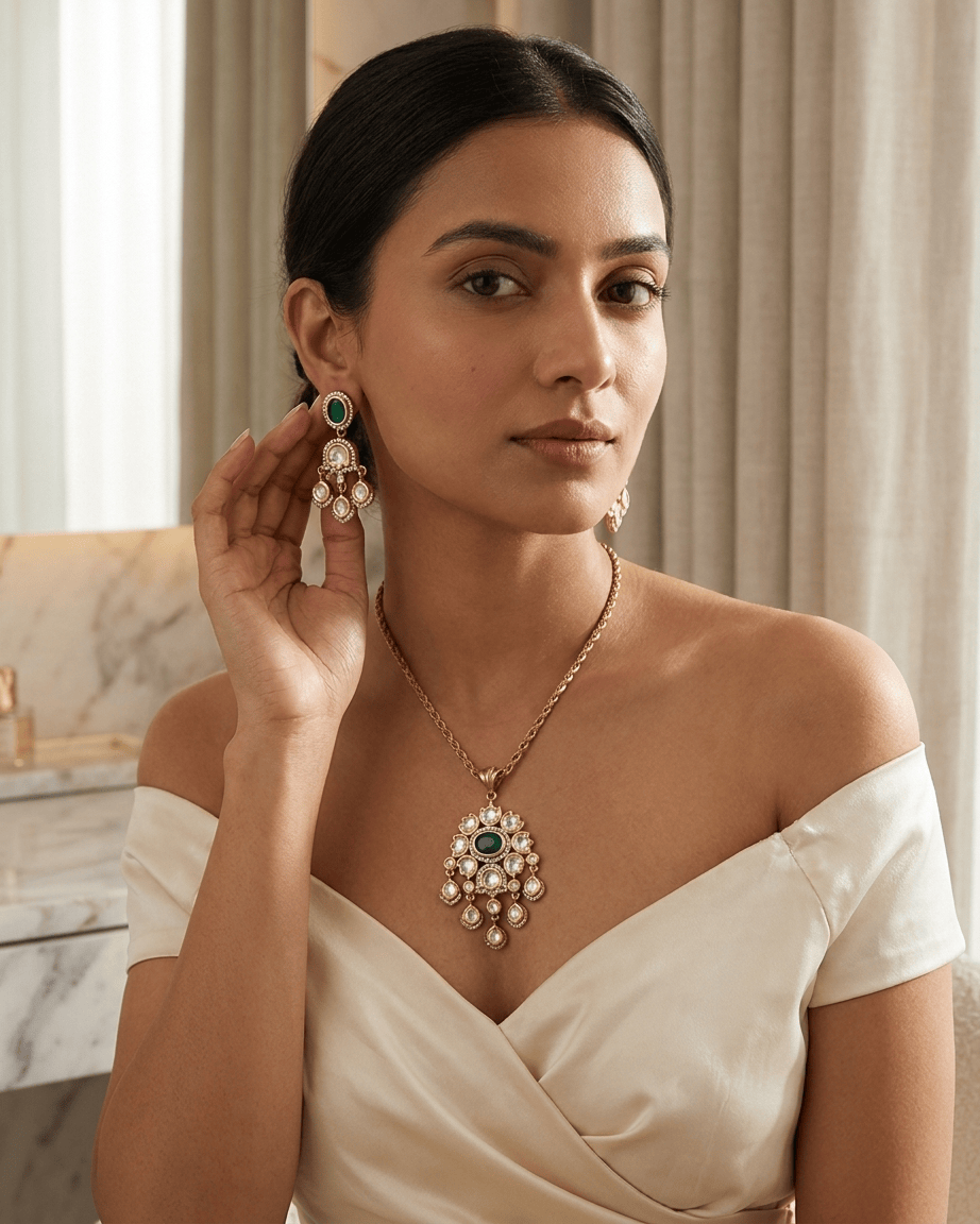 Mataari Pendant Flower Ruby Gold Plated Emerald Polki Kundan Moissanite Pendant Set