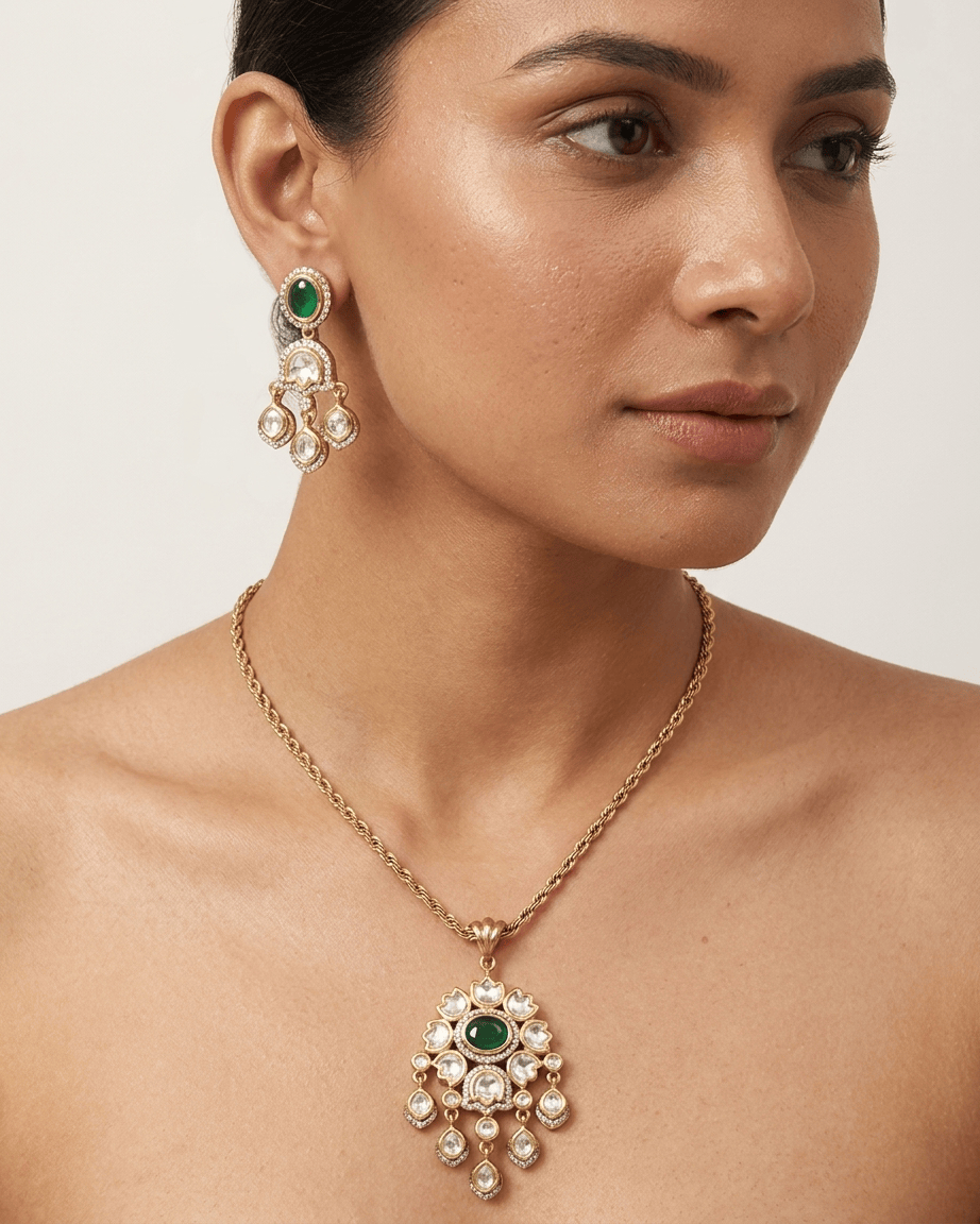 Mataari Pendant Flower Ruby Gold Plated Emerald Polki Kundan Moissanite Pendant Set