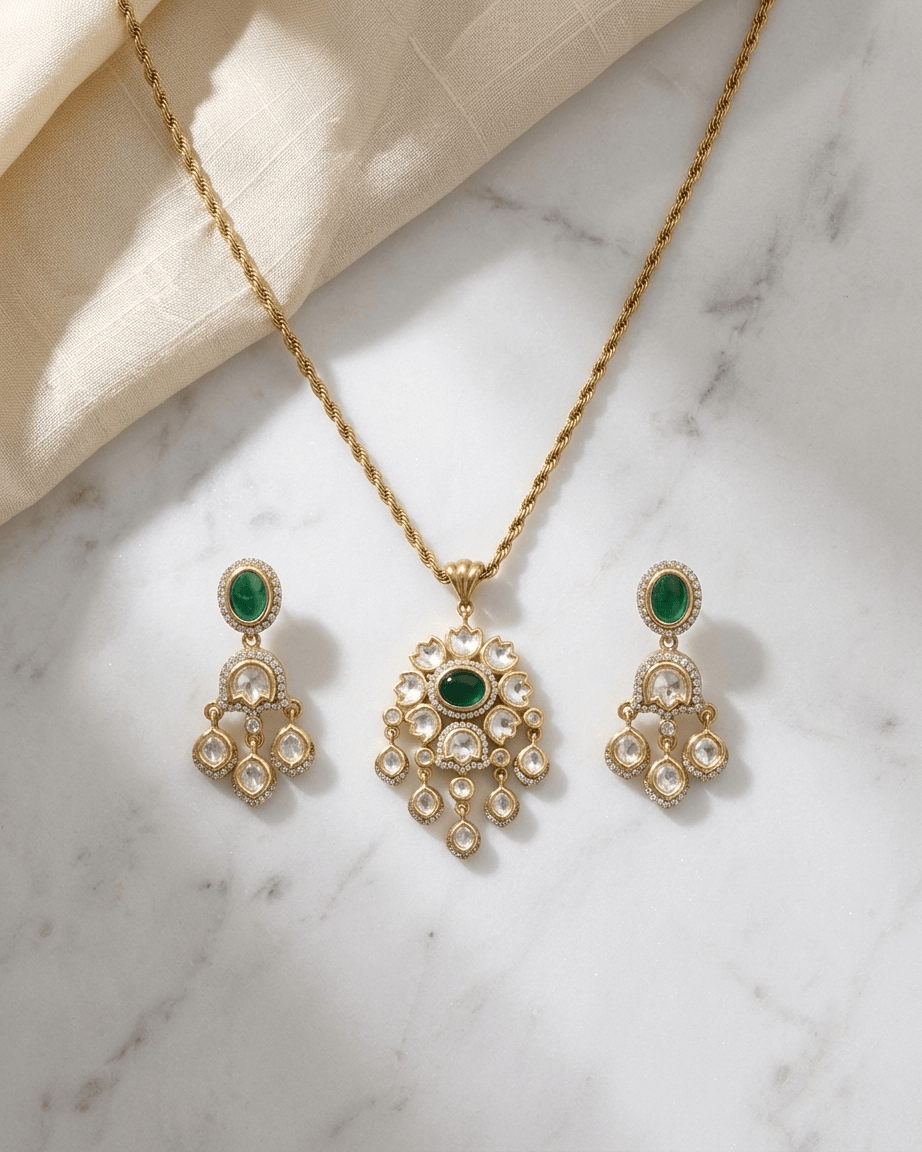 Mataari Pendant Flower Ruby Gold Plated Emerald Polki Kundan Moissanite Pendant Set