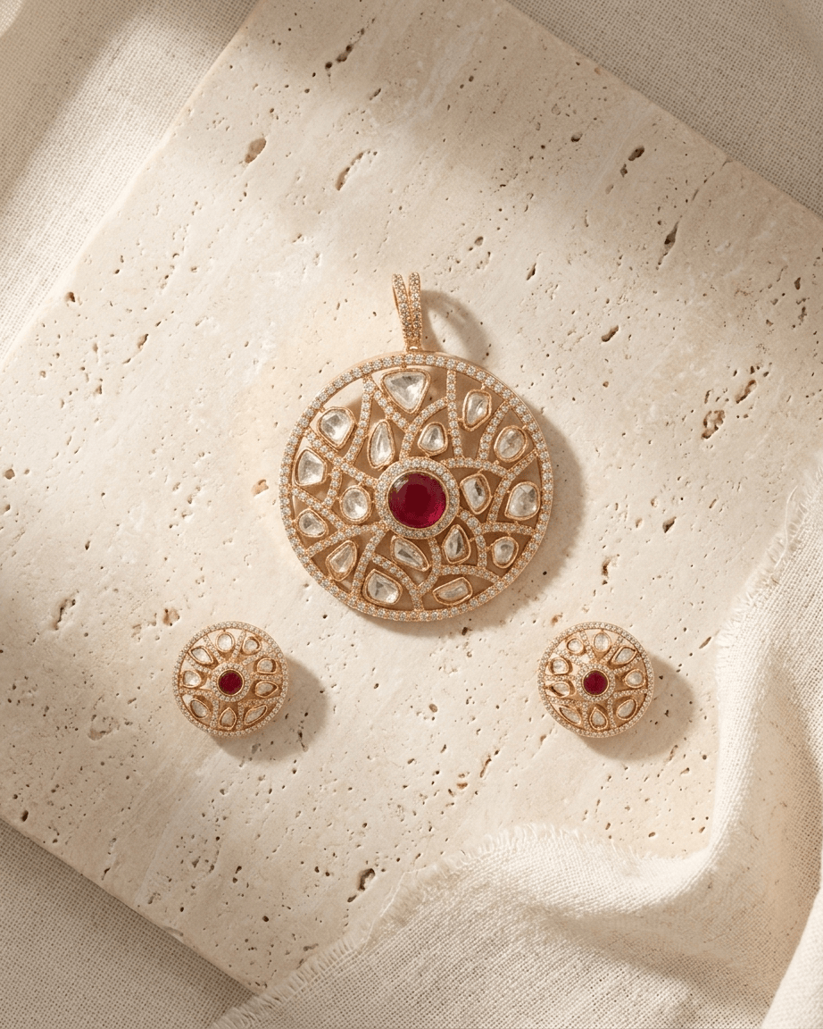 Mataari Pendant Gold Plated Emerald Polki Kundan Ruby Round Moissanite Pendant Set