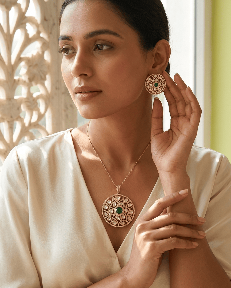 Mataari Pendant Gold Plated Emerald Polki Kundan Ruby Round Moissanite Pendant Set