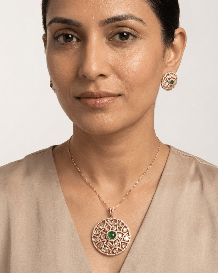 Mataari Pendant Gold Plated Emerald Polki Kundan Ruby Round Moissanite Pendant Set
