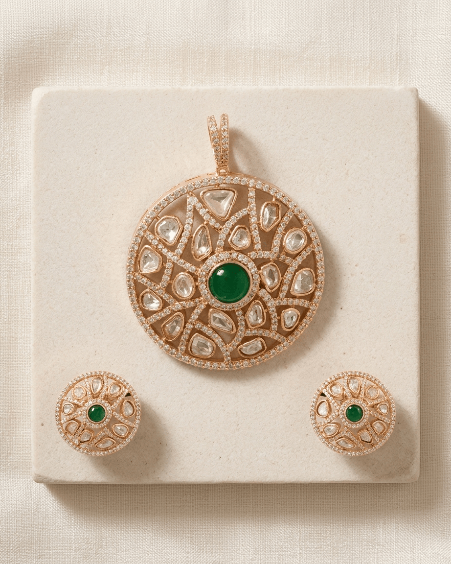 Mataari Pendant Gold Plated Emerald Polki Kundan Ruby Round Moissanite Pendant Set