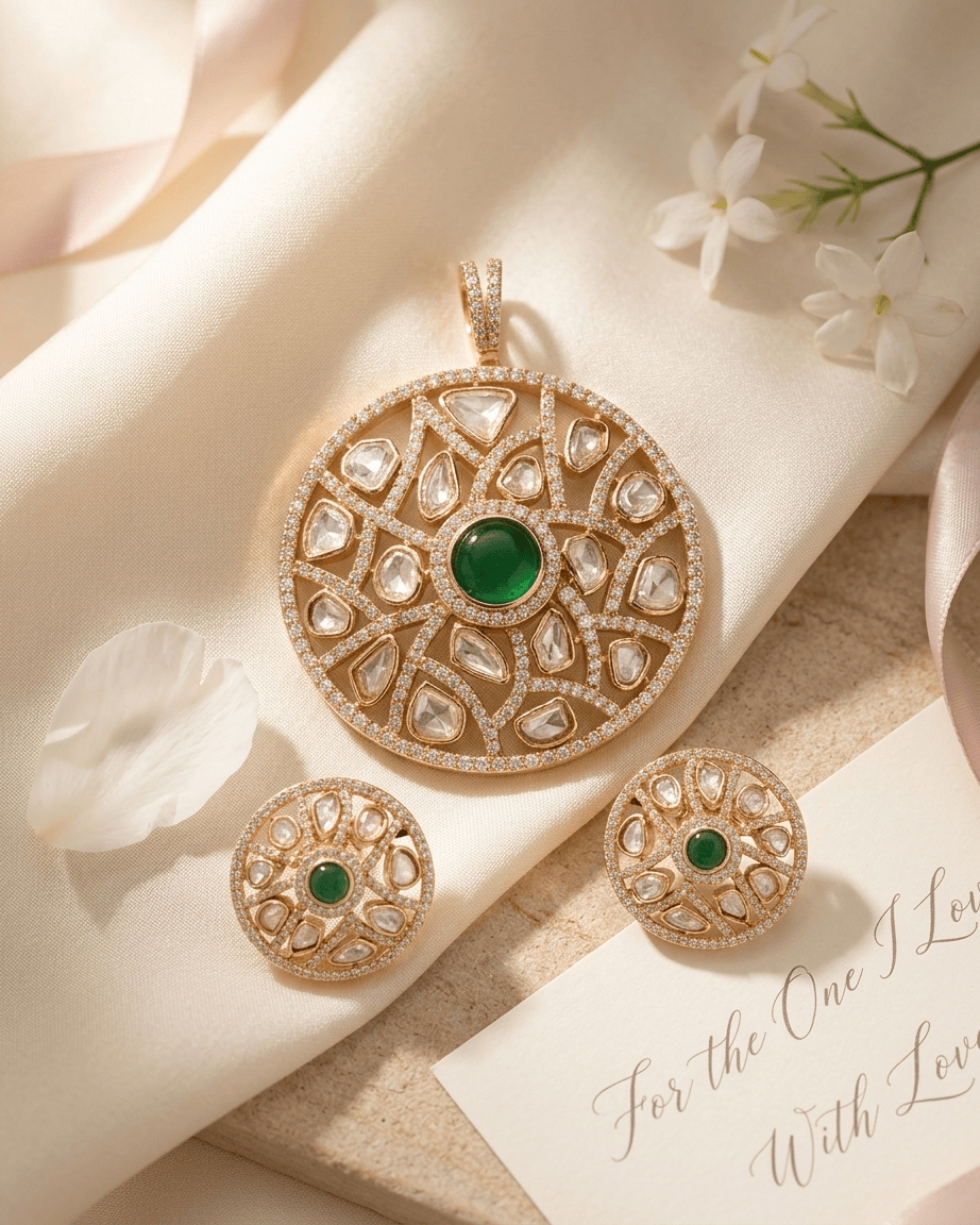 Mataari Pendant Gold Plated Emerald Polki Kundan Ruby Round Moissanite Pendant Set