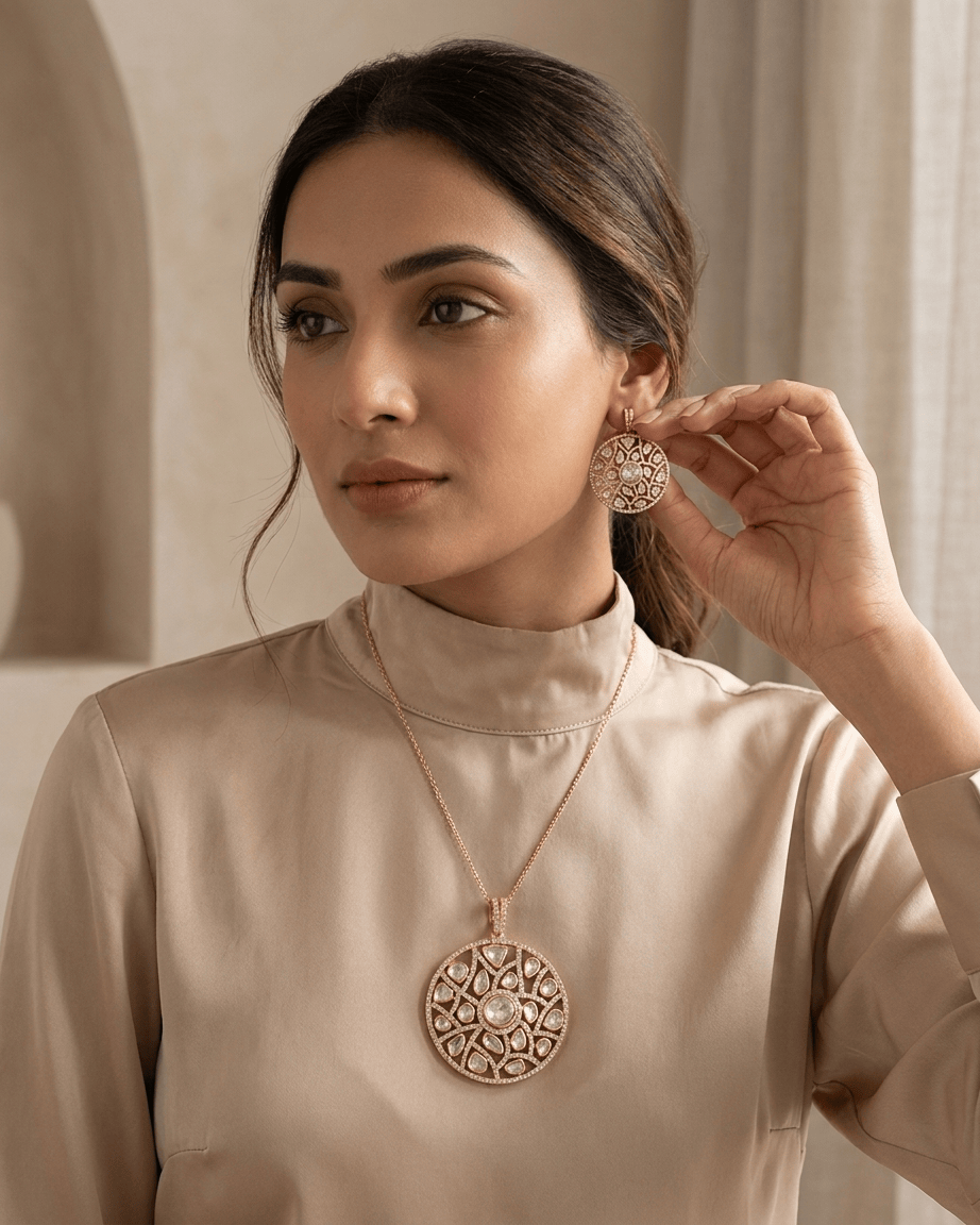 Mataari Pendant Gold Plated Emerald Polki Kundan Ruby Round Moissanite Pendant Set
