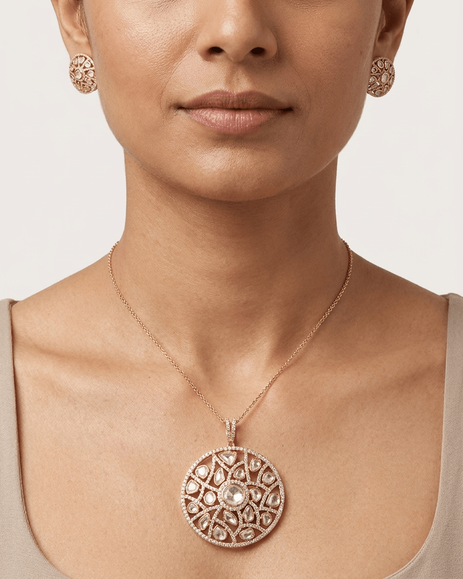 Mataari Pendant Gold Plated Emerald Polki Kundan Ruby Round Moissanite Pendant Set