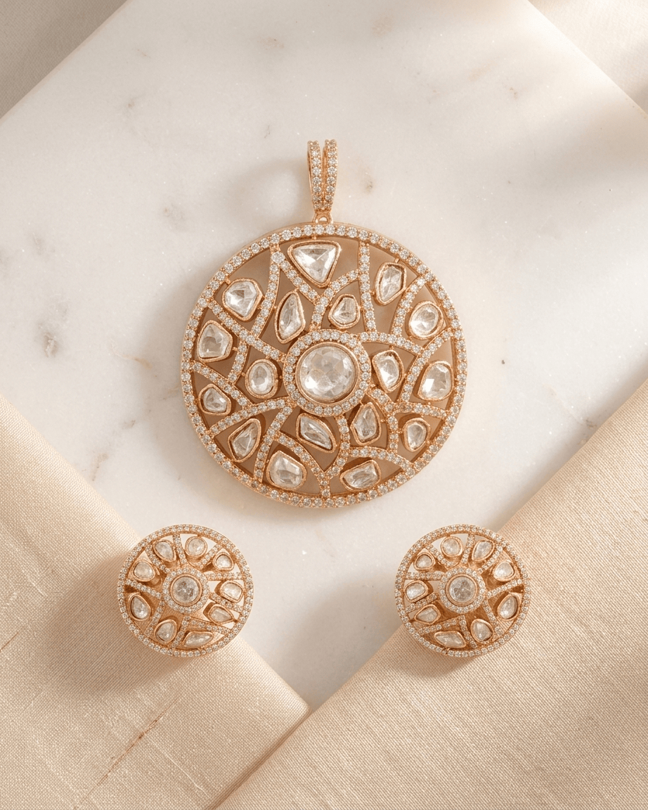 Mataari Pendant Gold Plated Emerald Polki Kundan Ruby Round Moissanite Pendant Set