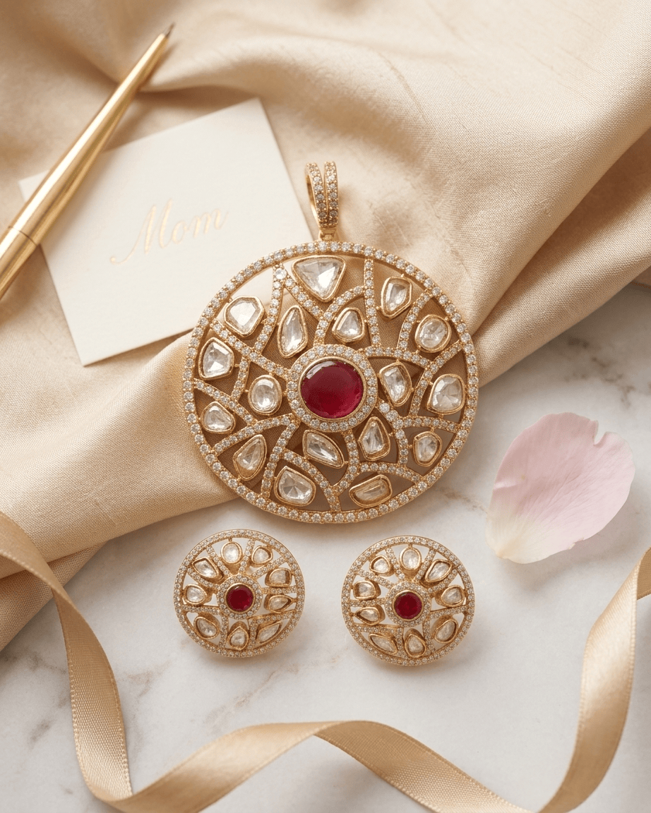 Mataari Pendant Gold Plated Emerald Polki Kundan Ruby Round Moissanite Pendant Set