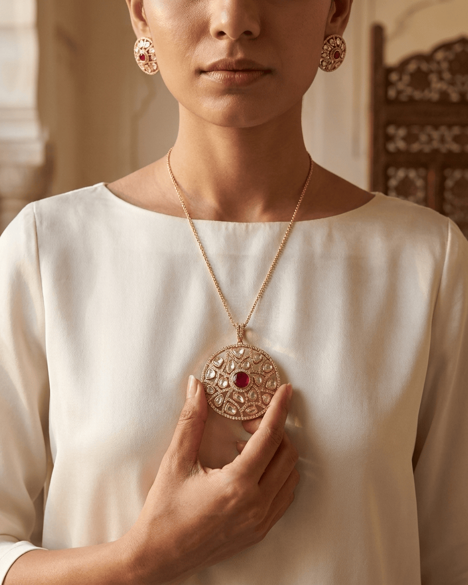 Mataari Pendant Gold Plated Emerald Polki Kundan Ruby Round Moissanite Pendant Set
