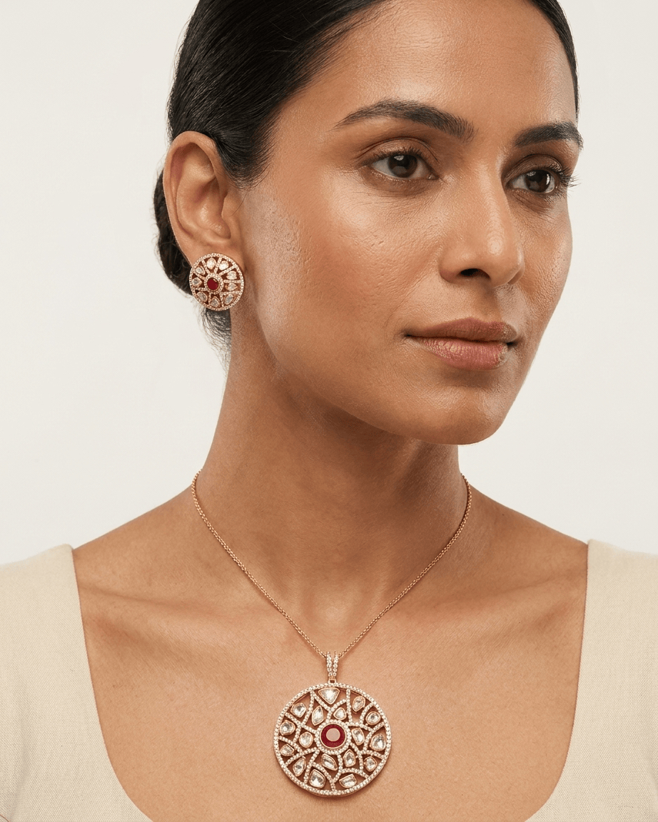Mataari Pendant Gold Plated Emerald Polki Kundan Ruby Round Moissanite Pendant Set