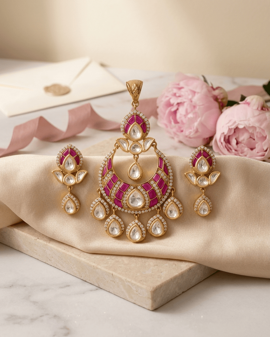 Mataari Pendant Gold Plated Jadau Kundan Ruby Polki Moissanite Chandbali Pendant Set
