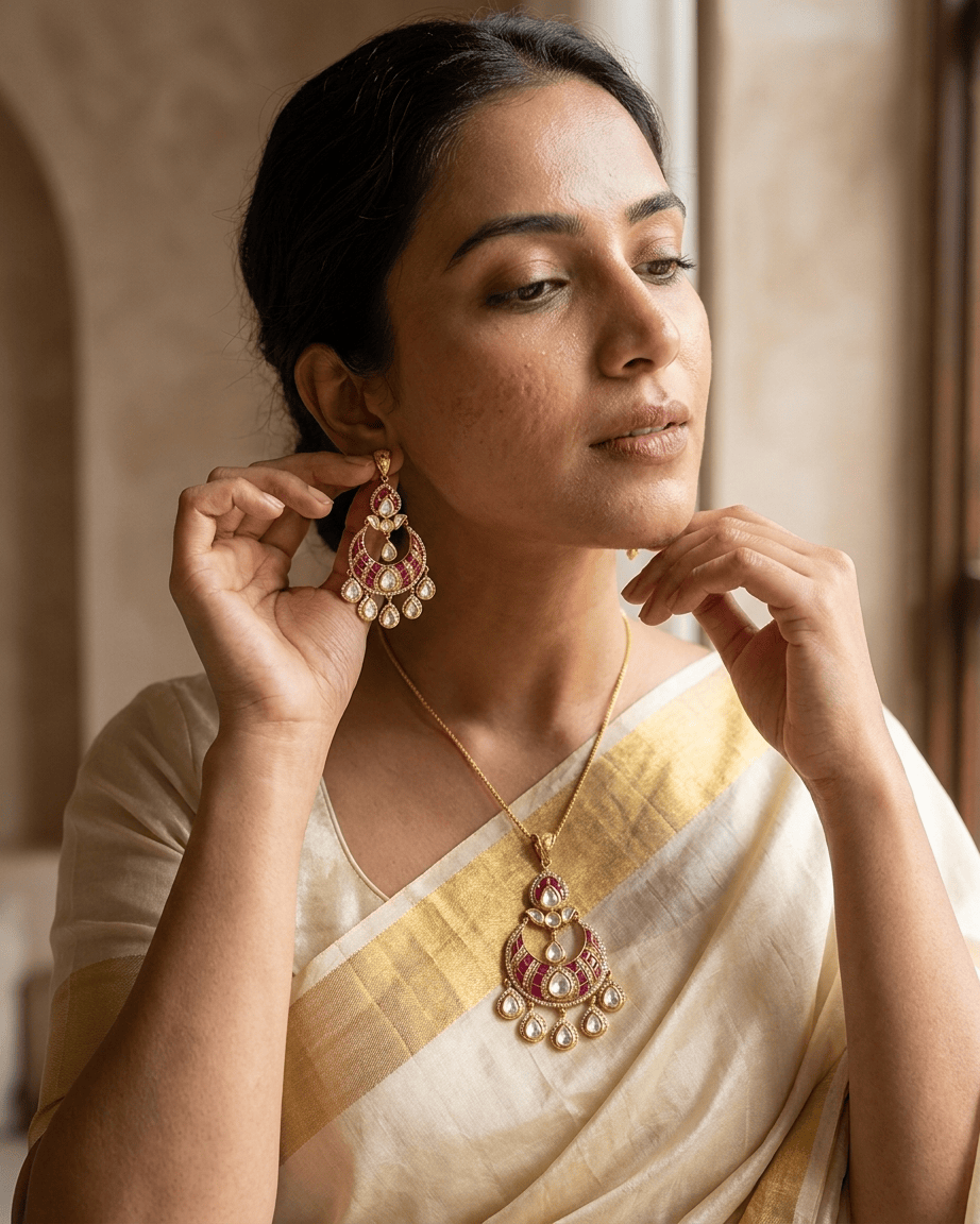 Mataari Pendant Gold Plated Jadau Kundan Ruby Polki Moissanite Chandbali Pendant Set