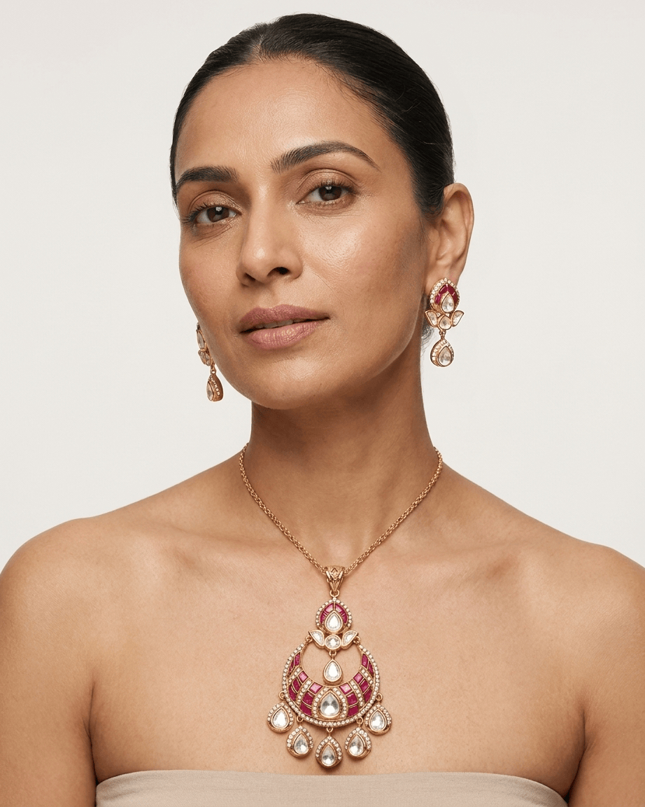 Mataari Pendant Gold Plated Jadau Kundan Ruby Polki Moissanite Chandbali Pendant Set