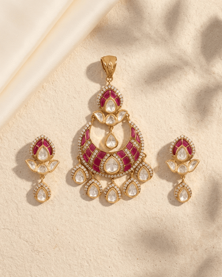 Mataari Pendant Gold Plated Jadau Kundan Ruby Polki Moissanite Chandbali Pendant Set
