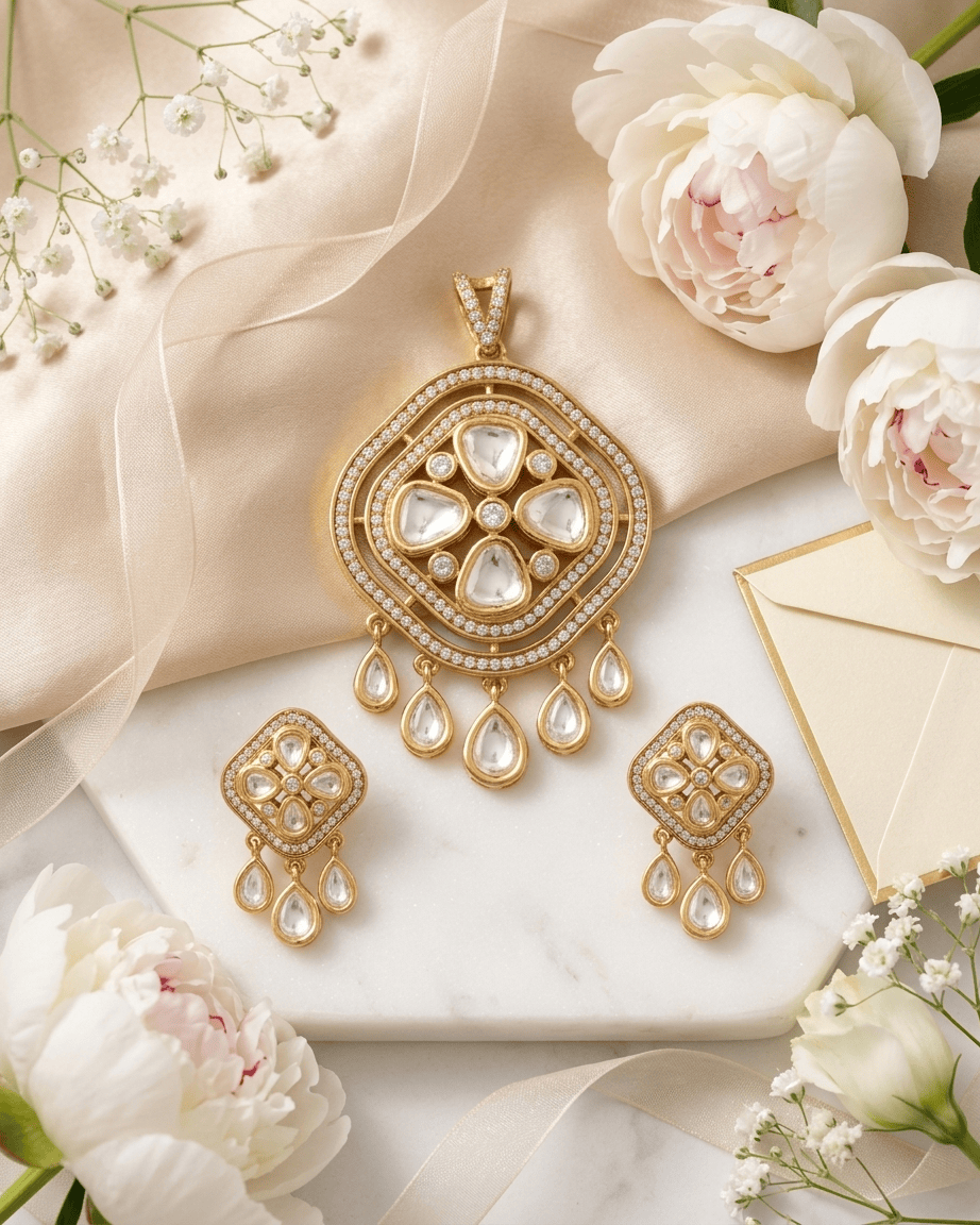 Mataari Pendant Gold Plated Moissanite Kundan Polki Teardrop Pendant Set