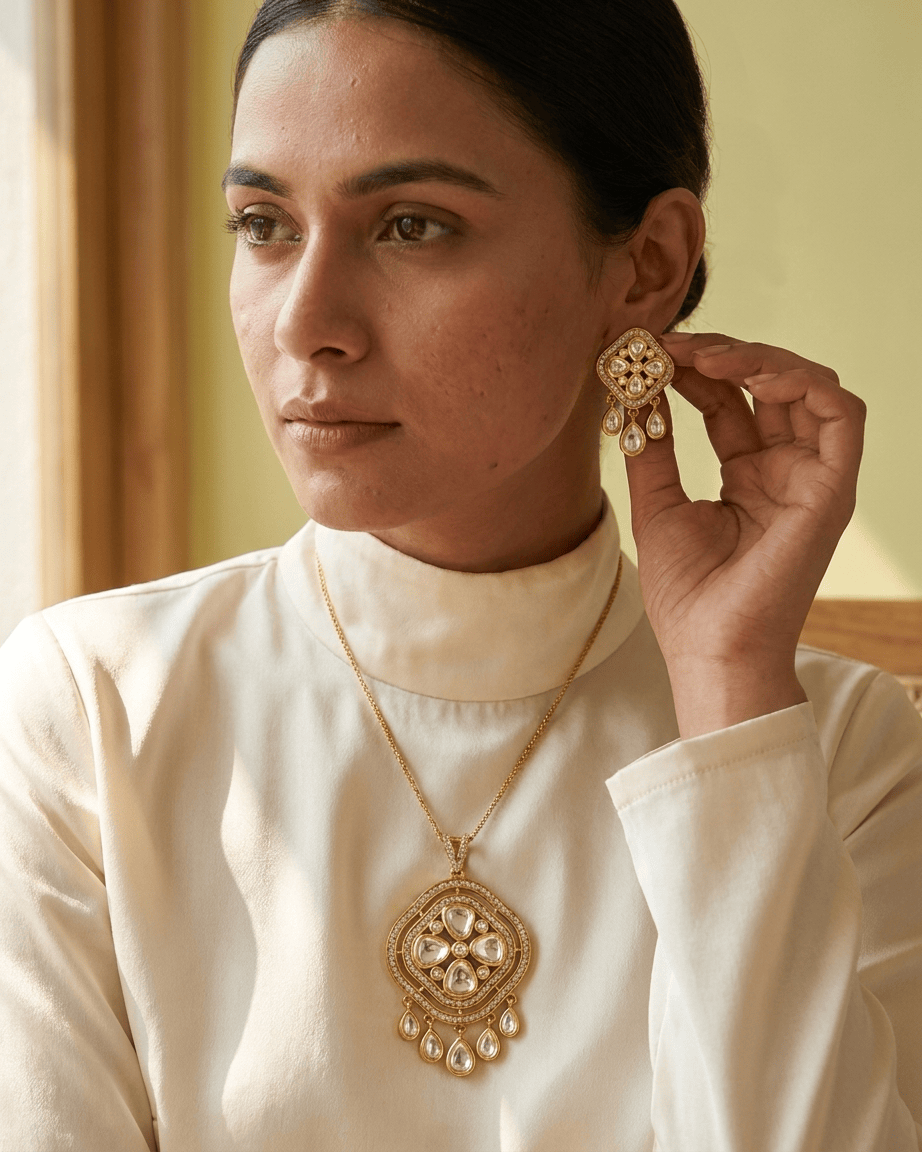 Mataari Pendant Gold Plated Moissanite Kundan Polki Teardrop Pendant Set