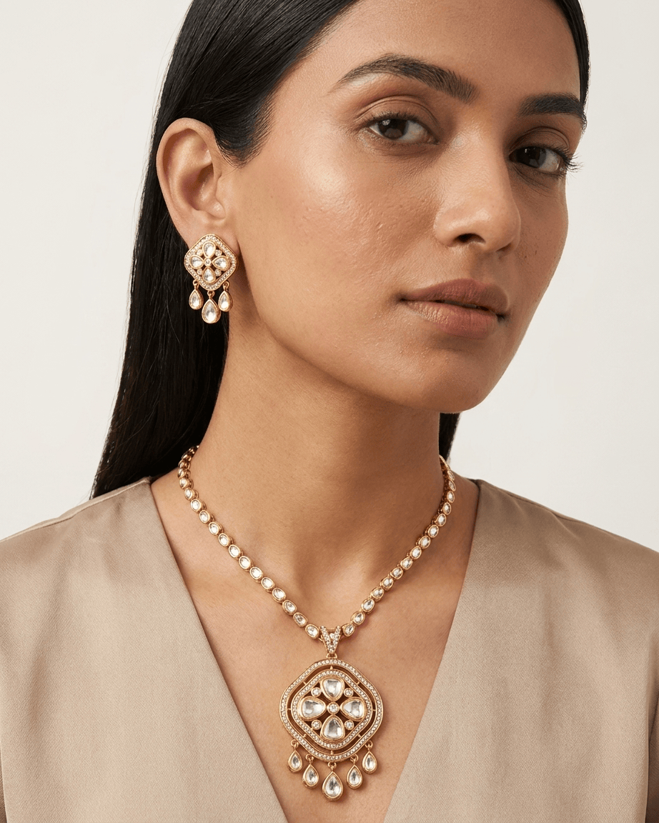 Mataari Pendant Gold Plated Moissanite Kundan Polki Teardrop Pendant Set