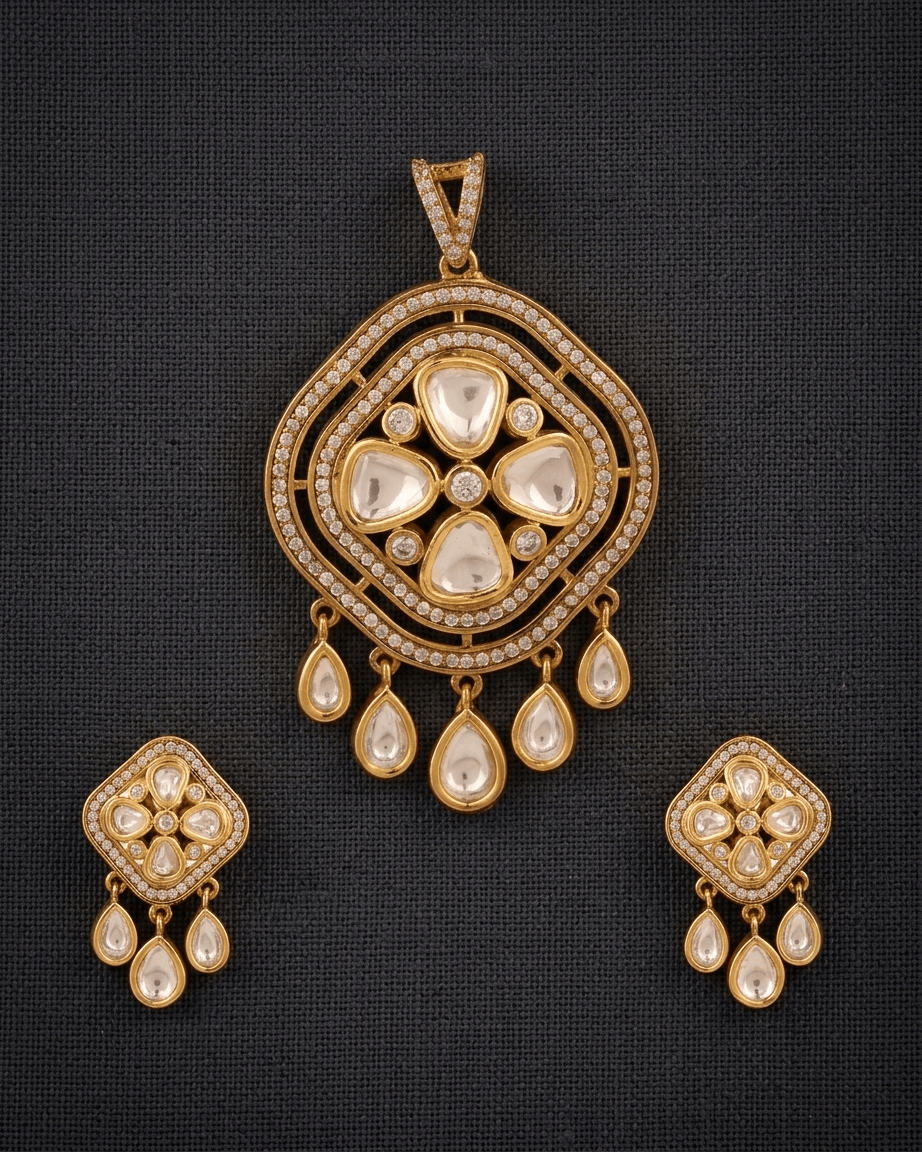 Mataari Pendant Gold Plated Moissanite Kundan Polki Teardrop Pendant Set