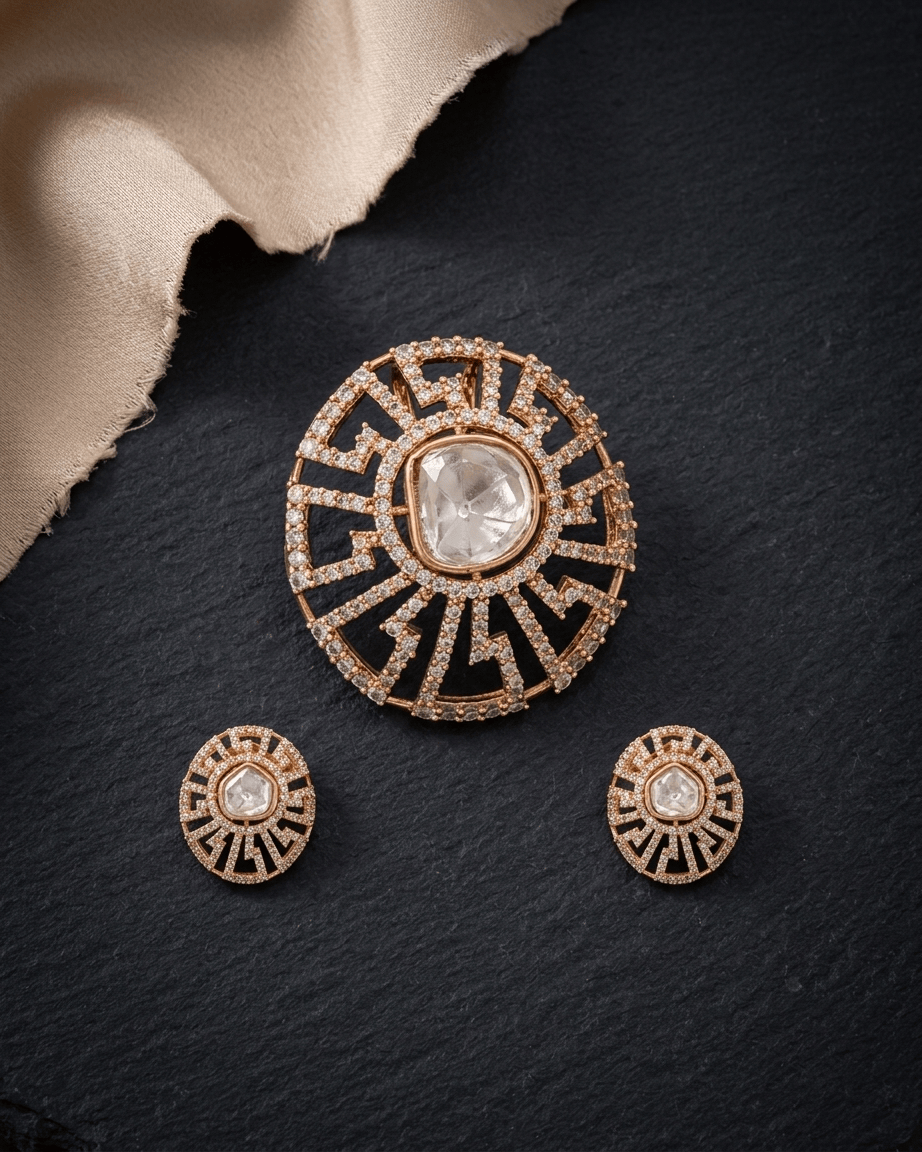 Mataari Pendant Gold Plated Oval Polki Kundan Moissanite Pendant Set