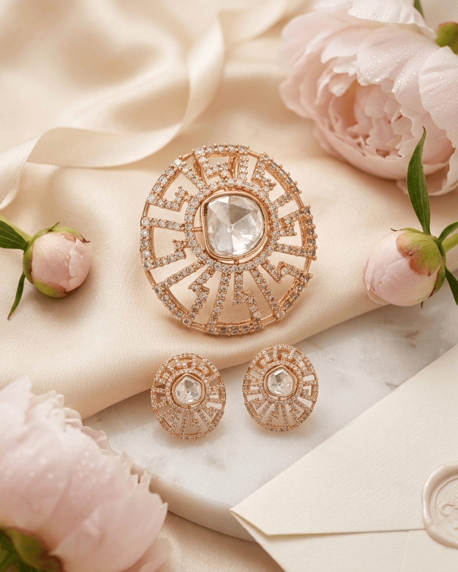 Mataari Pendant Gold Plated Oval Polki Kundan Moissanite Pendant Set