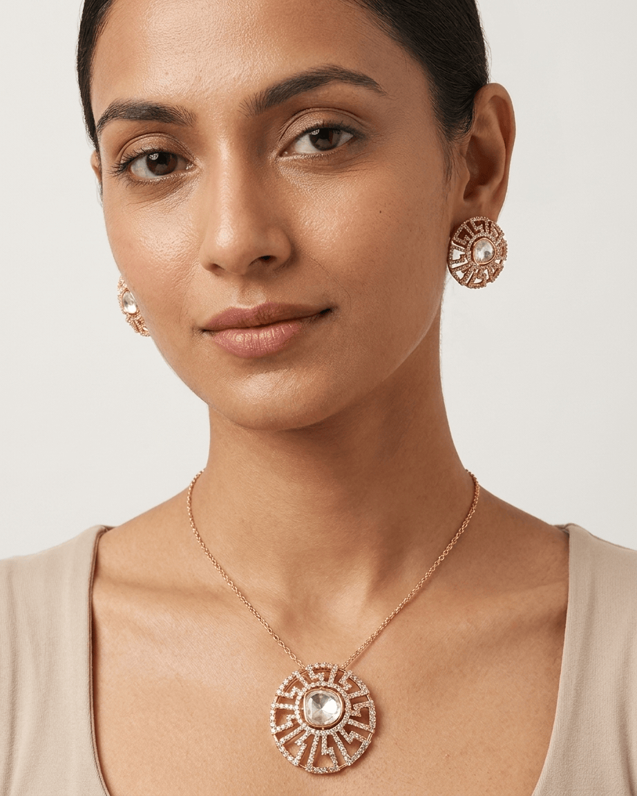 Mataari Pendant Gold Plated Oval Polki Kundan Moissanite Pendant Set