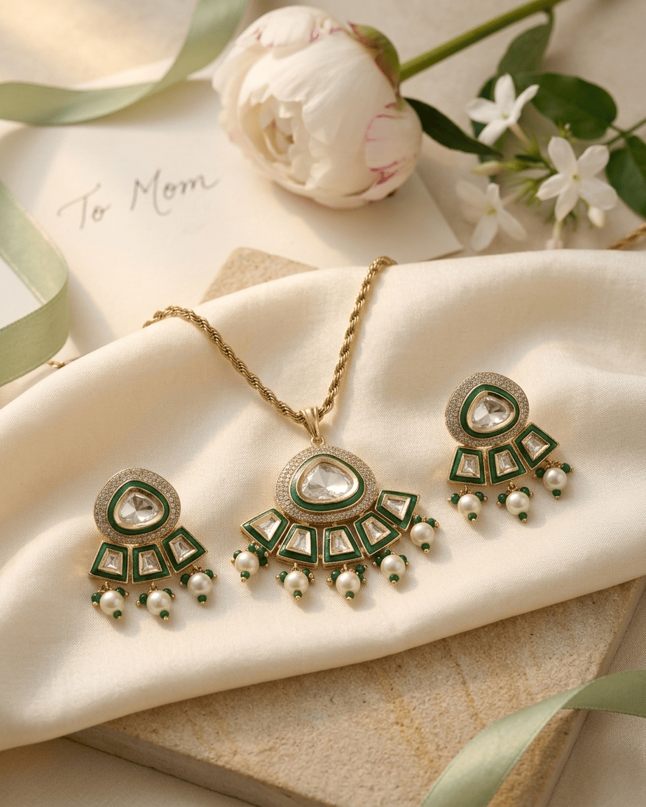 Mataari Pendant Gold Plated Polki Kundan Moissanite Pearl Drop Pendant Set