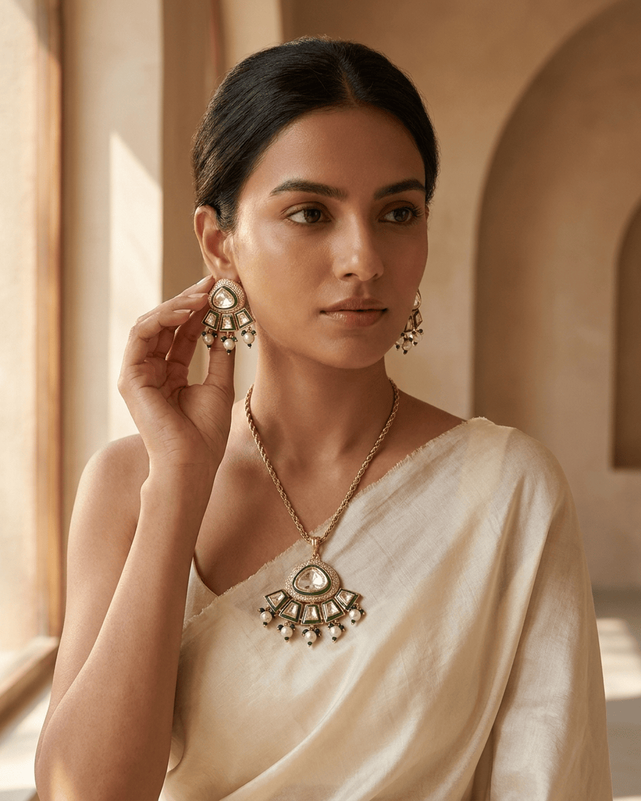 Mataari Pendant Gold Plated Polki Kundan Moissanite Pearl Drop Pendant Set