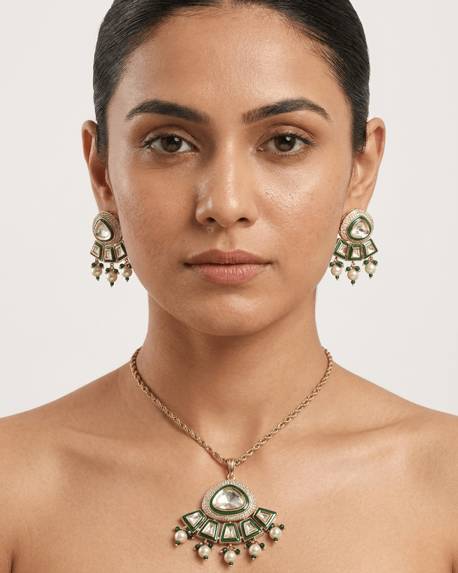 Mataari Pendant Gold Plated Polki Kundan Moissanite Pearl Drop Pendant Set