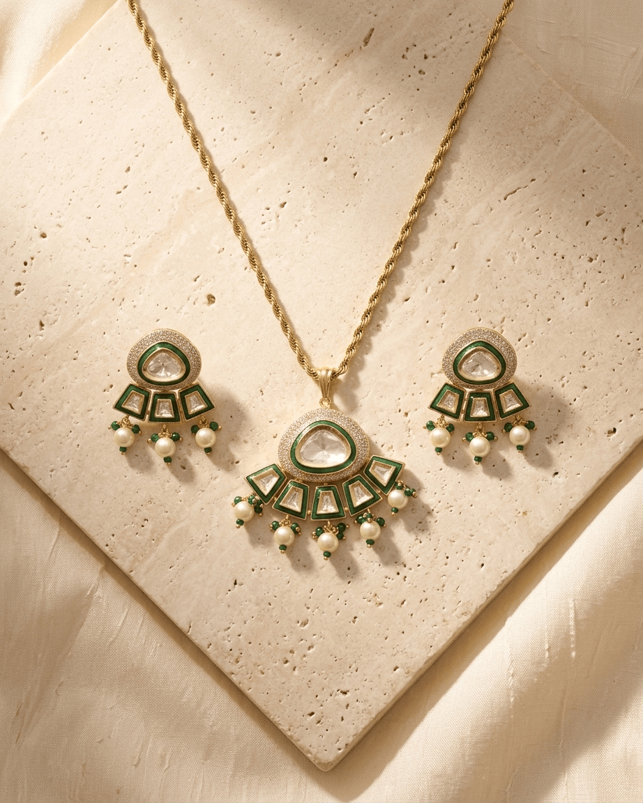 Mataari Pendant Gold Plated Polki Kundan Moissanite Pearl Drop Pendant Set
