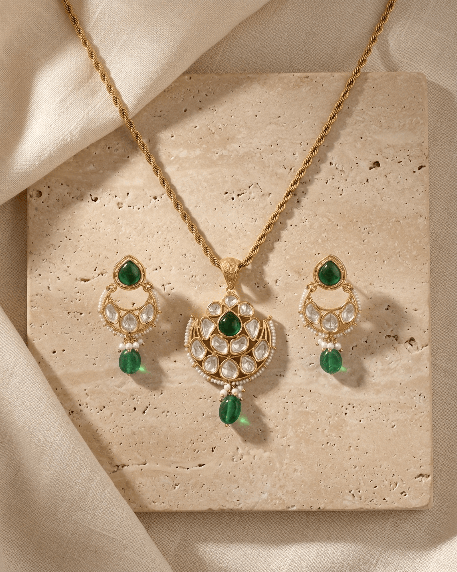 Mataari Pendant Kundan Polki Moissanite Gold Plated Pearl Beaded Drop Pendant Set
