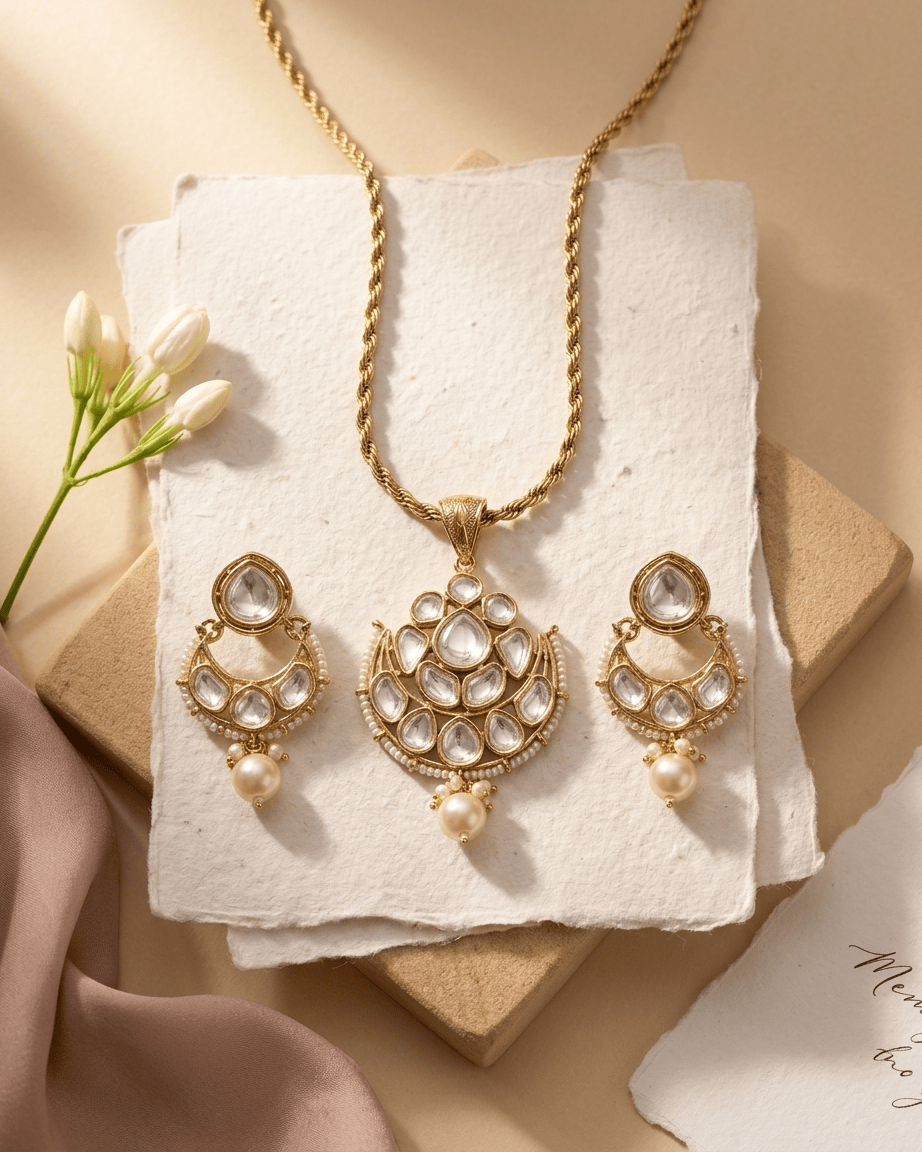 Mataari Pendant Kundan Polki Moissanite Gold Plated Pearl Beaded Drop Pendant Set