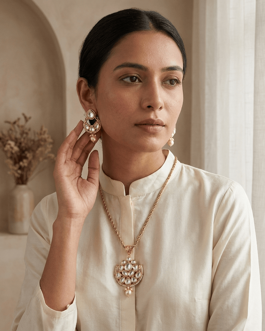 Mataari Pendant Kundan Polki Moissanite Gold Plated Pearl Beaded Drop Pendant Set