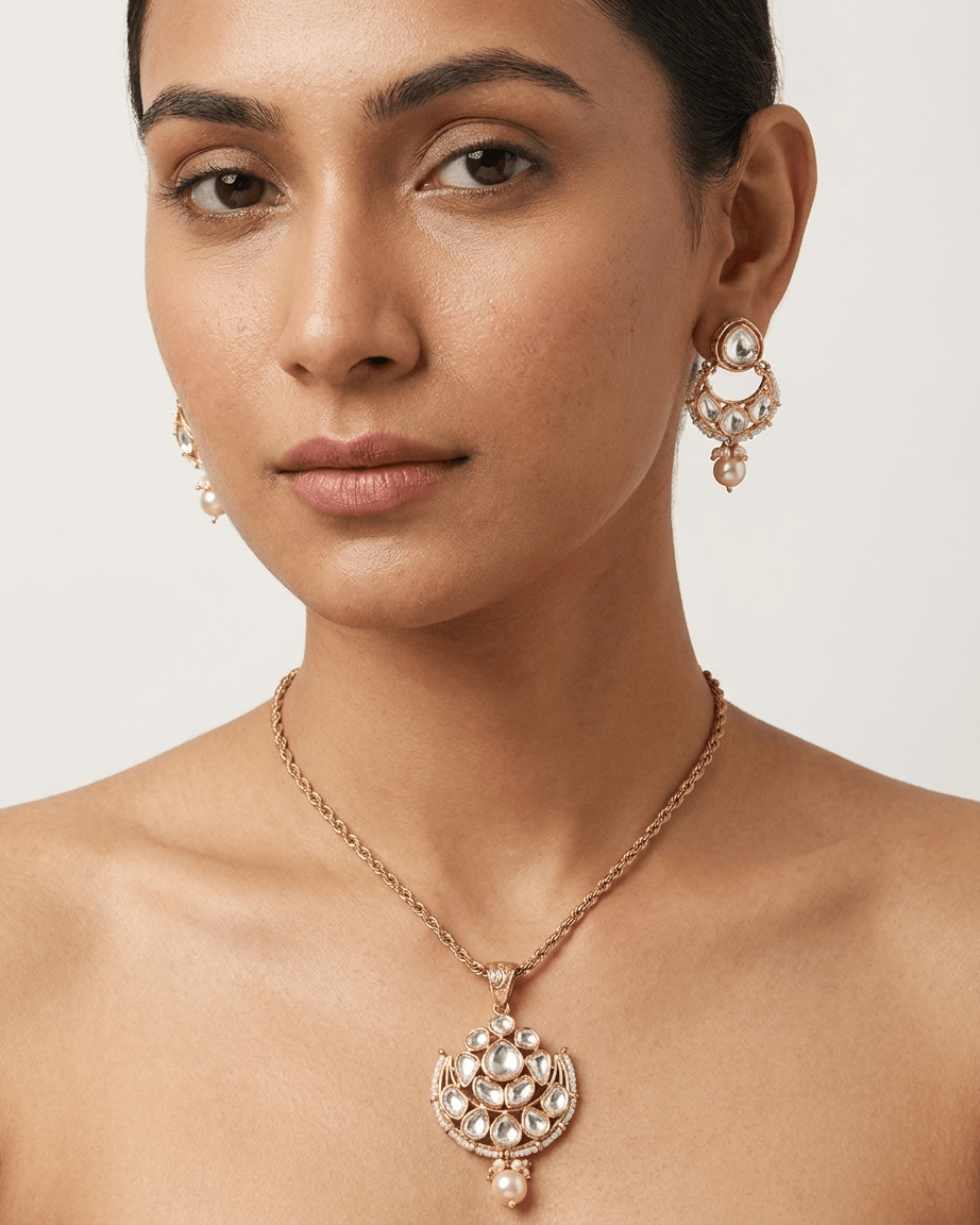 Mataari Pendant Kundan Polki Moissanite Gold Plated Pearl Beaded Drop Pendant Set